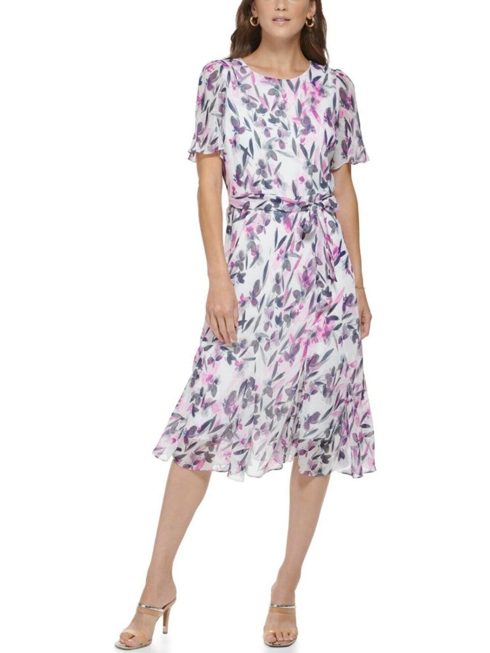 Flutter Sleeve Midi Dress with Waist Tie - Elegant Round Neck Style for Women
